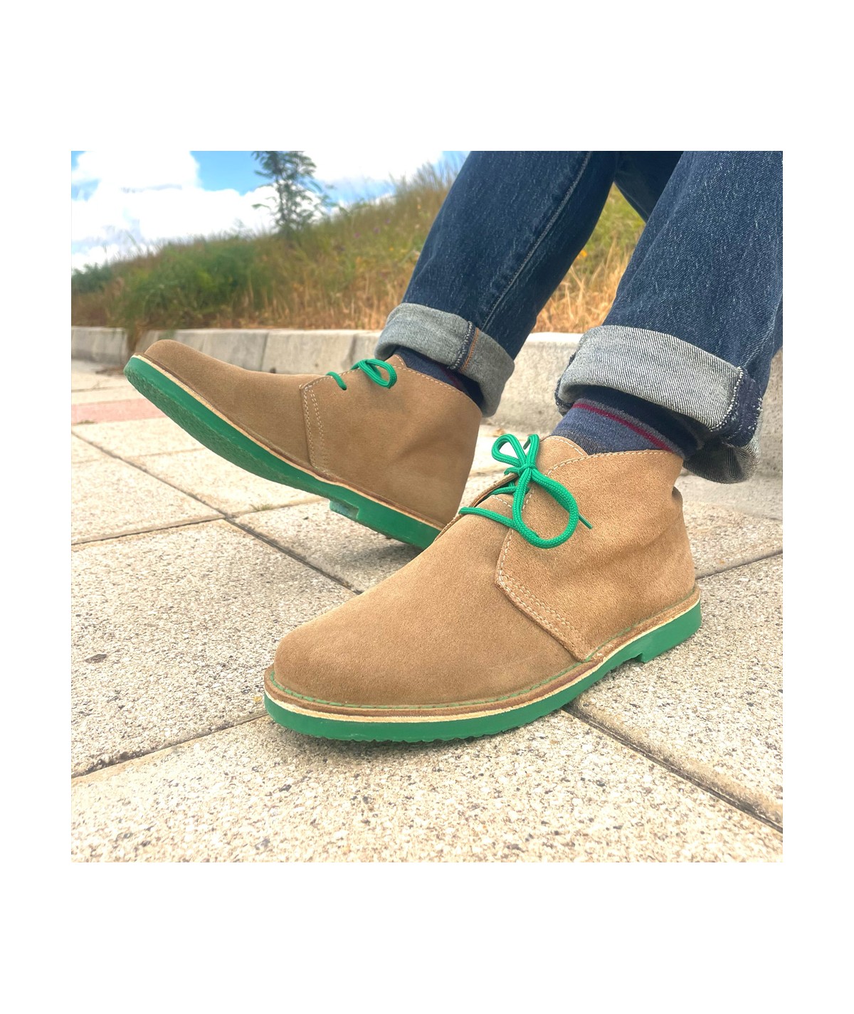 Bicolor SandGreen desert boots for men. Perfect combination.